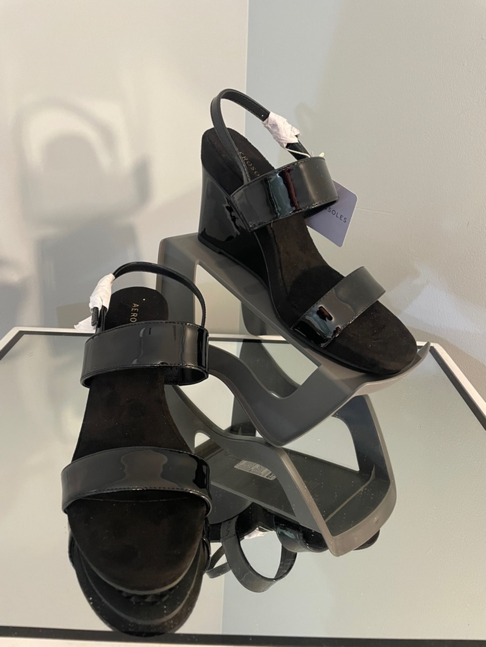 AEROSOLES Petra Black Patent Wedge Sandals with Strappy Slingback new 9.5 no box